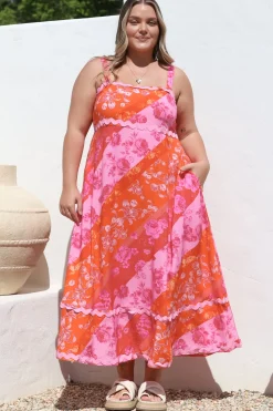 Bionda Midi Dress - Ric Rac Spliced Sun Dress with Adjustable Straps in Clavelle Print Pink>Salty Crush Sale