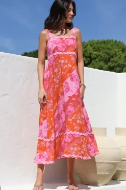 Bionda Midi Dress - Ric Rac Spliced Sun Dress with Adjustable Straps in Clavelle Print Pink><noscript><img width=