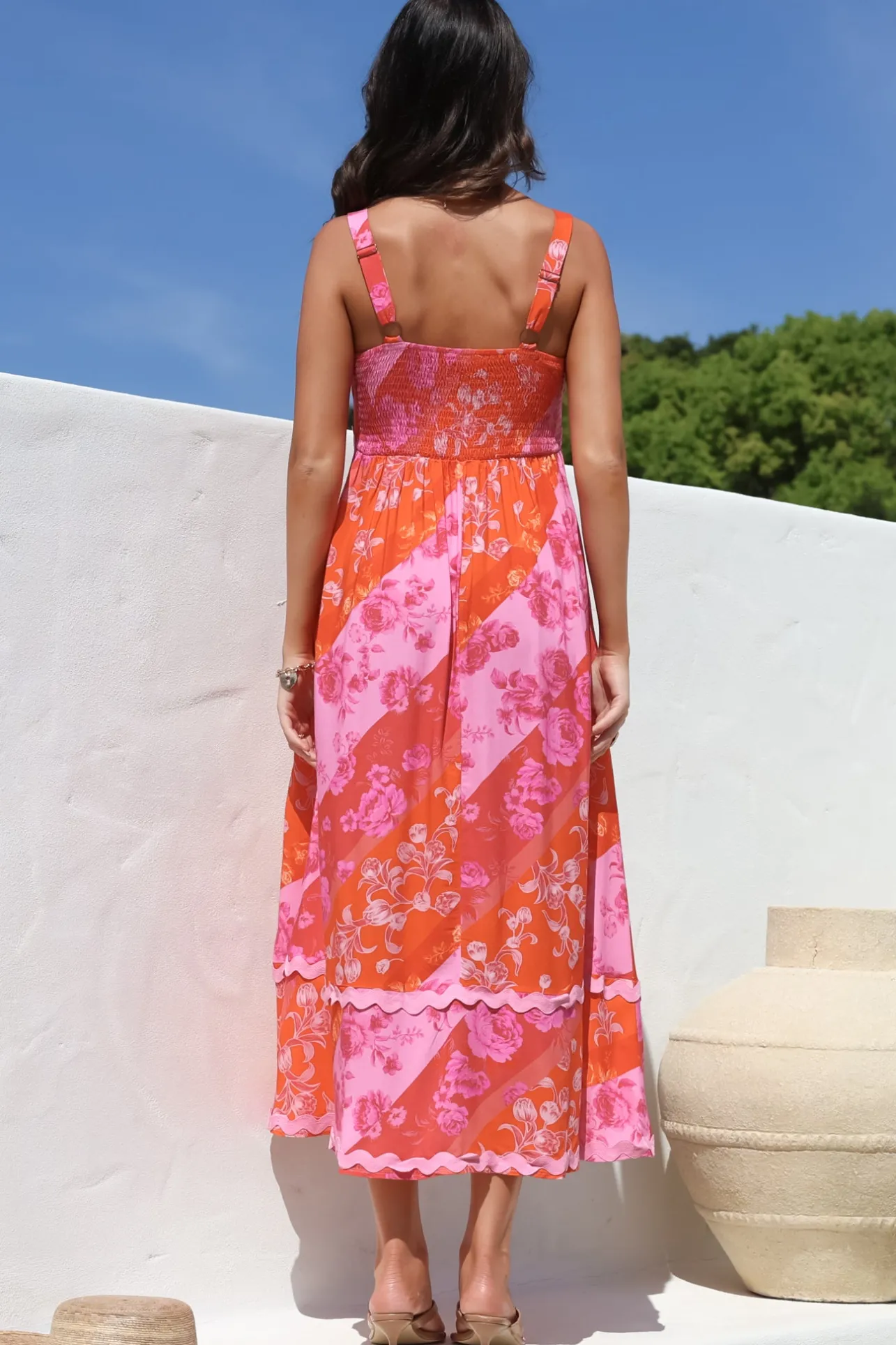 Bionda Midi Dress - Ric Rac Spliced Sun Dress with Adjustable Straps in Clavelle Print Pink>Salty Crush Sale
