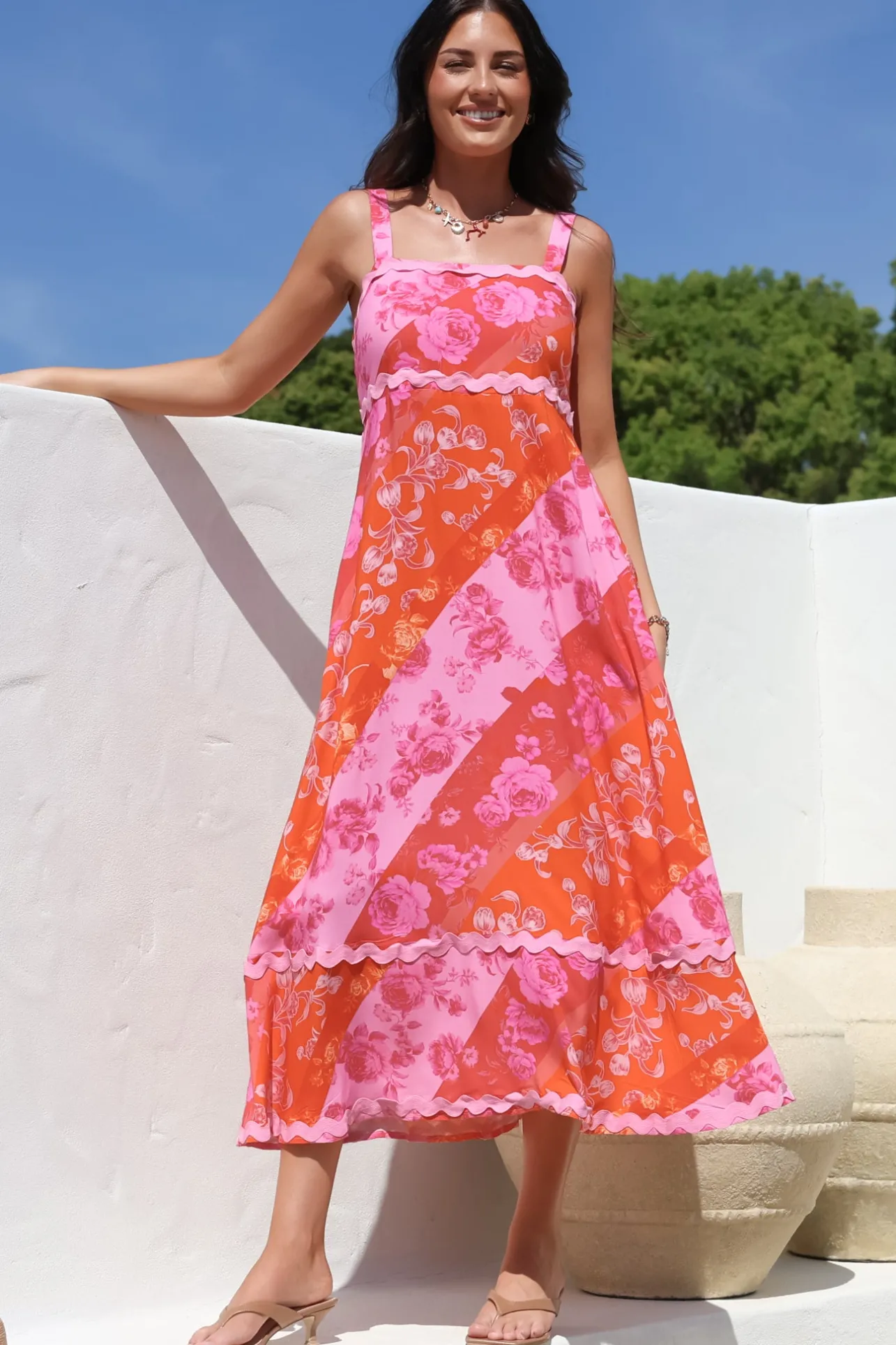Bionda Midi Dress - Ric Rac Spliced Sun Dress with Adjustable Straps in Clavelle Print Pink>Salty Crush Sale