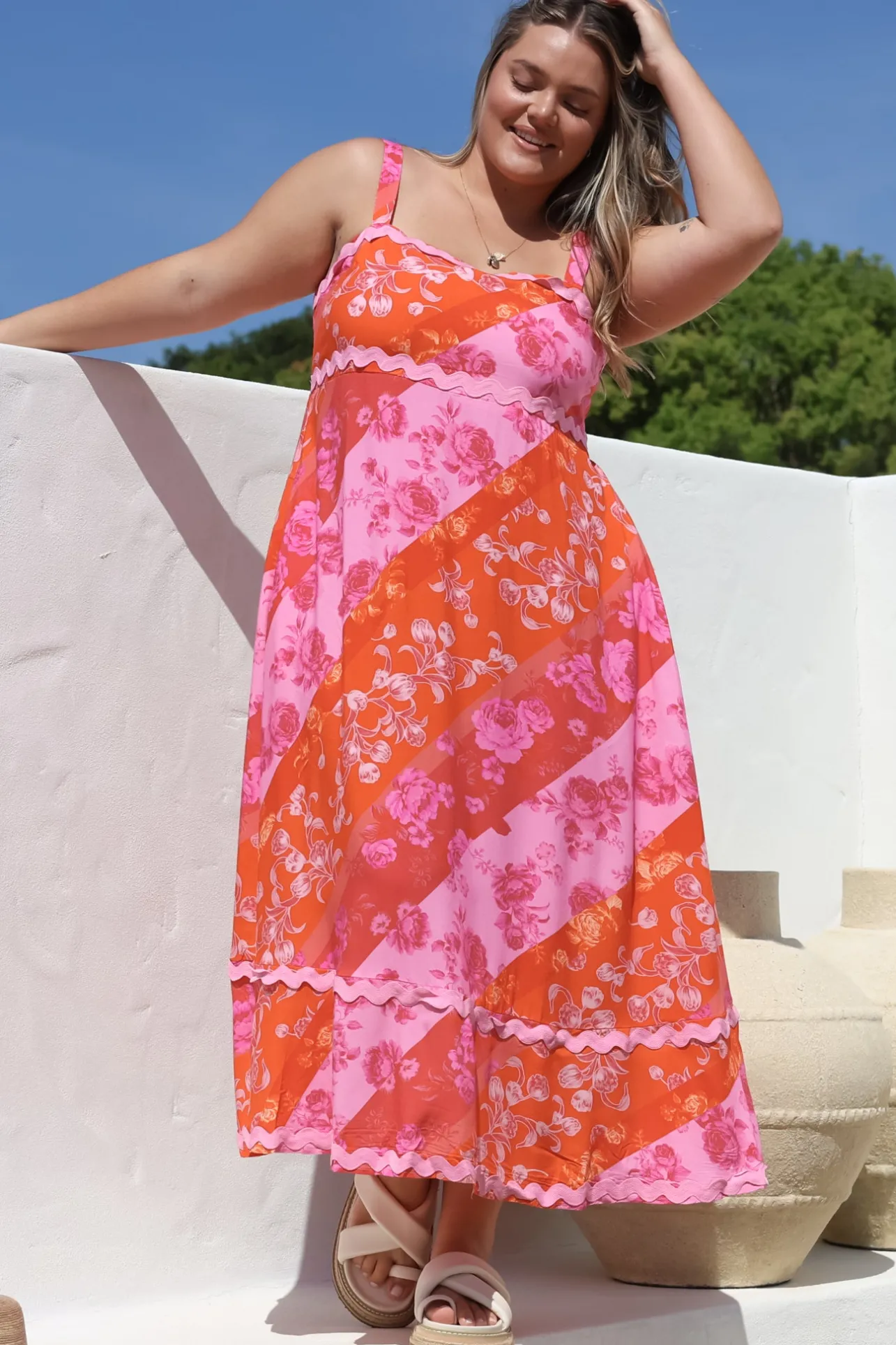 Bionda Midi Dress - Ric Rac Spliced Sun Dress with Adjustable Straps in Clavelle Print Pink>Salty Crush Sale