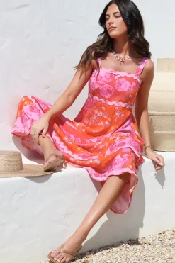 Bionda Midi Dress - Ric Rac Spliced Sun Dress with Adjustable Straps in Clavelle Print Pink><noscript><img width=