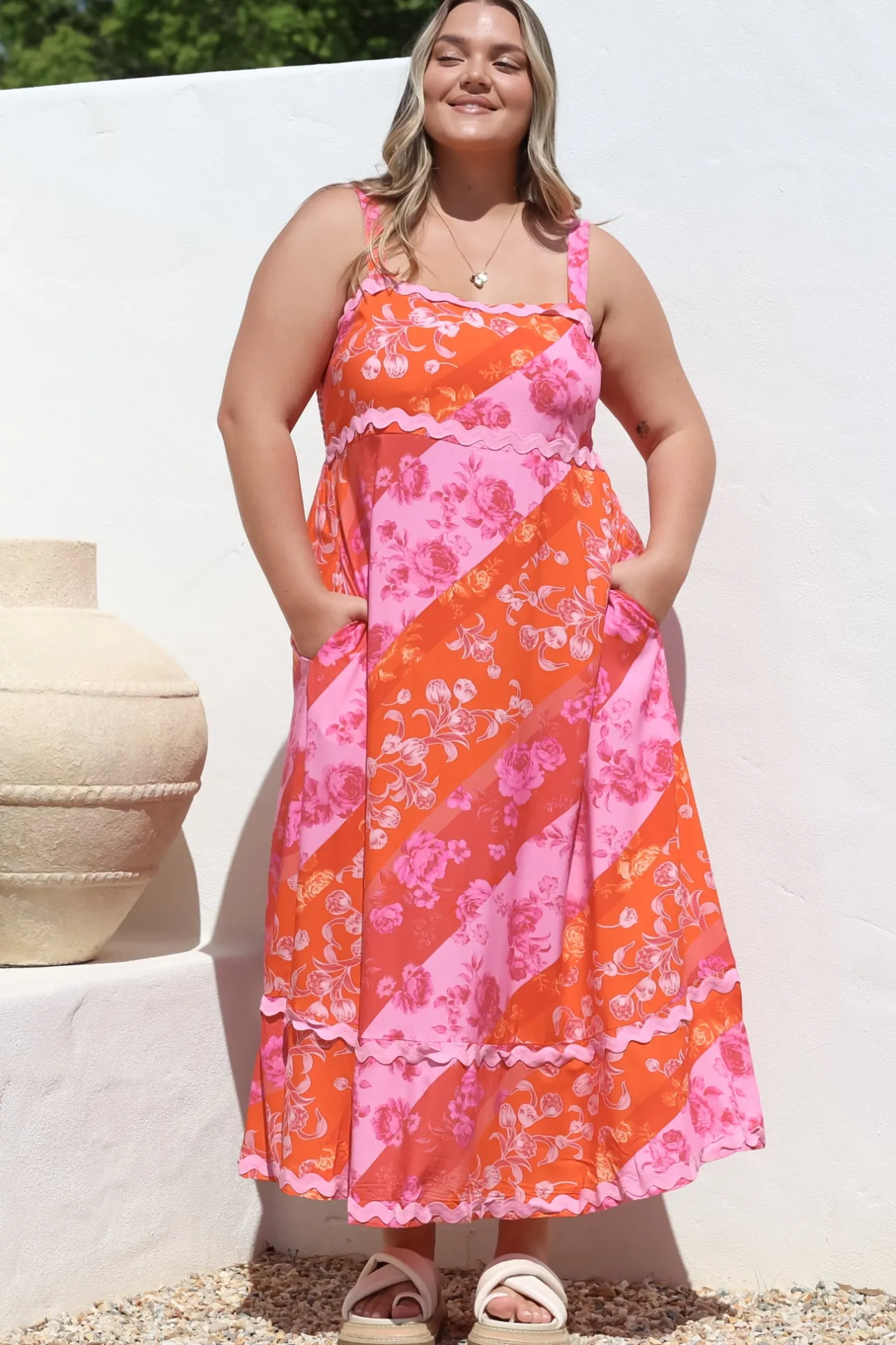 Bionda Midi Dress - Ric Rac Spliced Sun Dress with Adjustable Straps in Clavelle Print Pink>Salty Crush Sale