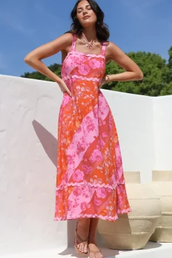 Bionda Midi Dress - Ric Rac Spliced Sun Dress with Adjustable Straps in Clavelle Print Pink><noscript><img width=