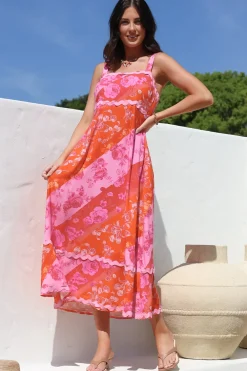 Bionda Midi Dress - Ric Rac Spliced Sun Dress with Adjustable Straps in Clavelle Print Pink><noscript><img width=