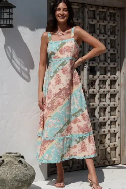 Bionda Midi Dress - Ric Rac Spliced Sun Dress with Adjustable Straps in Clavelle Print>Salty Crush Online