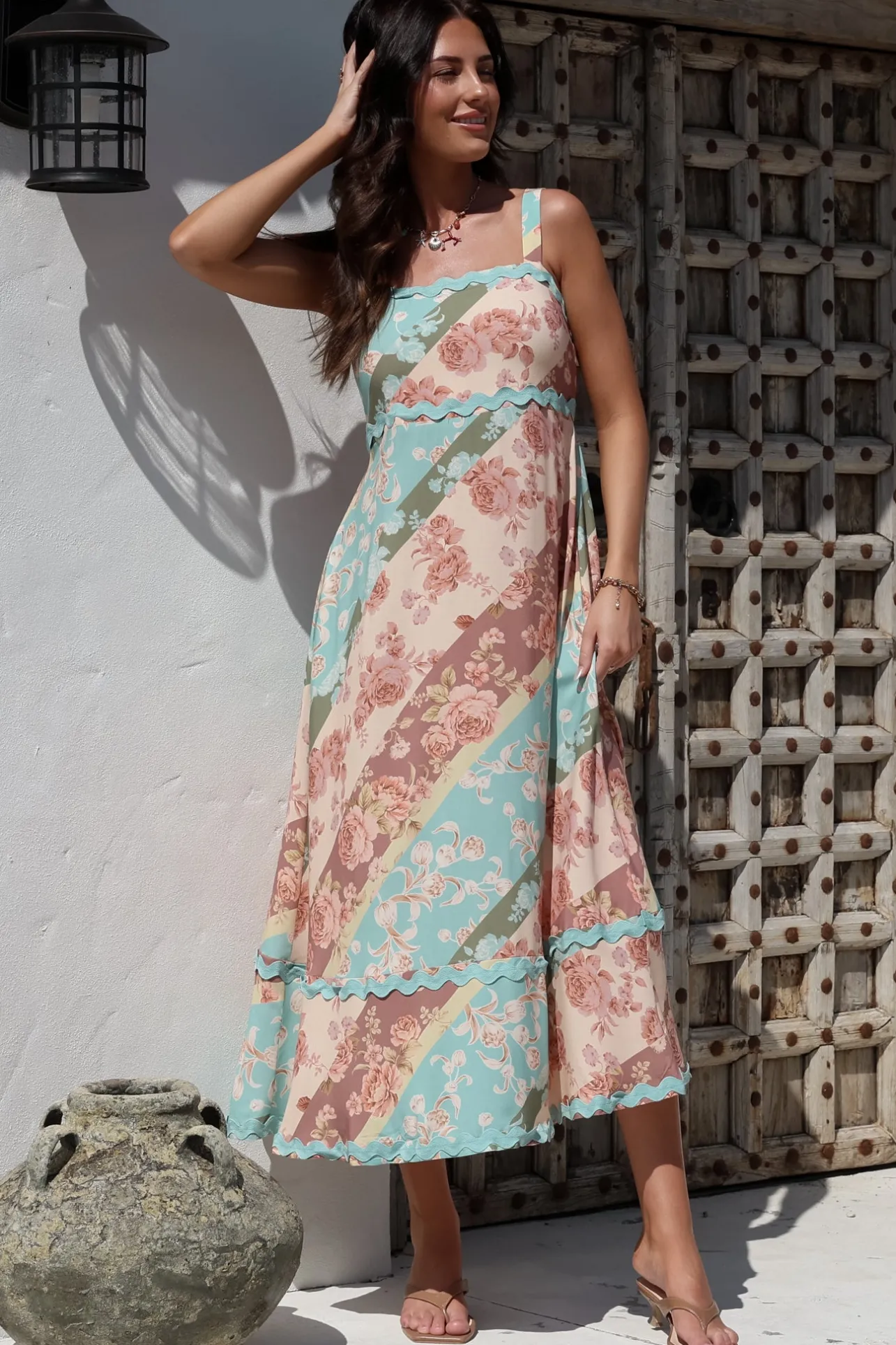 Bionda Midi Dress - Ric Rac Spliced Sun Dress with Adjustable Straps in Clavelle Print>Salty Crush Online