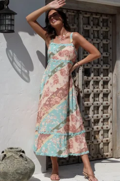 Bionda Midi Dress - Ric Rac Spliced Sun Dress with Adjustable Straps in Clavelle Print><noscript><img width=
