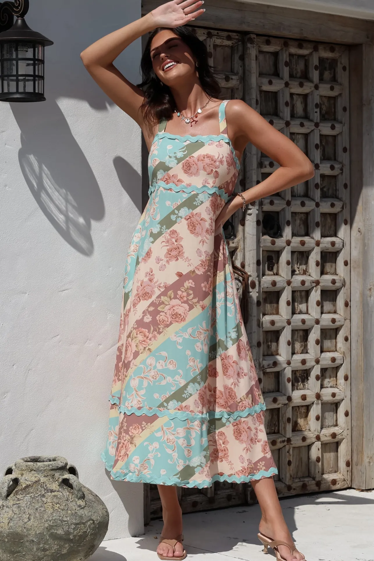 Bionda Midi Dress - Ric Rac Spliced Sun Dress with Adjustable Straps in Clavelle Print>Salty Crush Online