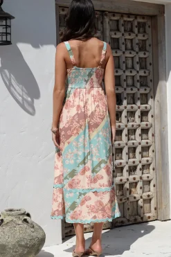 Bionda Midi Dress - Ric Rac Spliced Sun Dress with Adjustable Straps in Clavelle Print><noscript><img width=