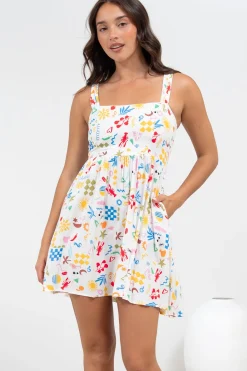 Bliss Mini Dress - Square Neckline Tiered Sun Dress in Soliel Print>Salty Crush Clearance