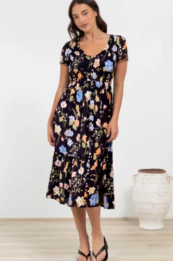 Blissful Midi Dress - A-Line Dress with Shirred Bodice and Short Sleeves in Talita Print Black>Salty Crush Best