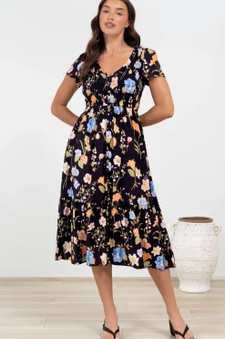 Blissful Midi Dress - A-Line Dress with Shirred Bodice and Short Sleeves in Talita Print Black>Salty Crush Best