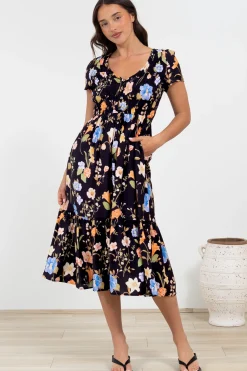 Blissful Midi Dress - A-Line Dress with Shirred Bodice and Short Sleeves in Talita Print Black><noscript><img width=