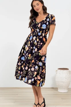 Blissful Midi Dress - A-Line Dress with Shirred Bodice and Short Sleeves in Talita Print Black><noscript><img width=