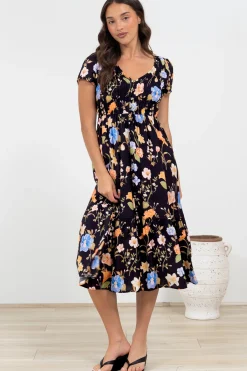 Blissful Midi Dress - A-Line Dress with Shirred Bodice and Short Sleeves in Talita Print Black><noscript><img width=