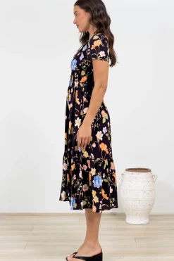 Blissful Midi Dress - A-Line Dress with Shirred Bodice and Short Sleeves in Talita Print Black><noscript><img width=