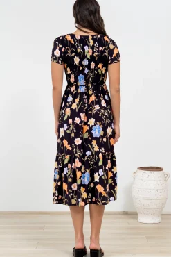 Blissful Midi Dress - A-Line Dress with Shirred Bodice and Short Sleeves in Talita Print Black><noscript><img width=