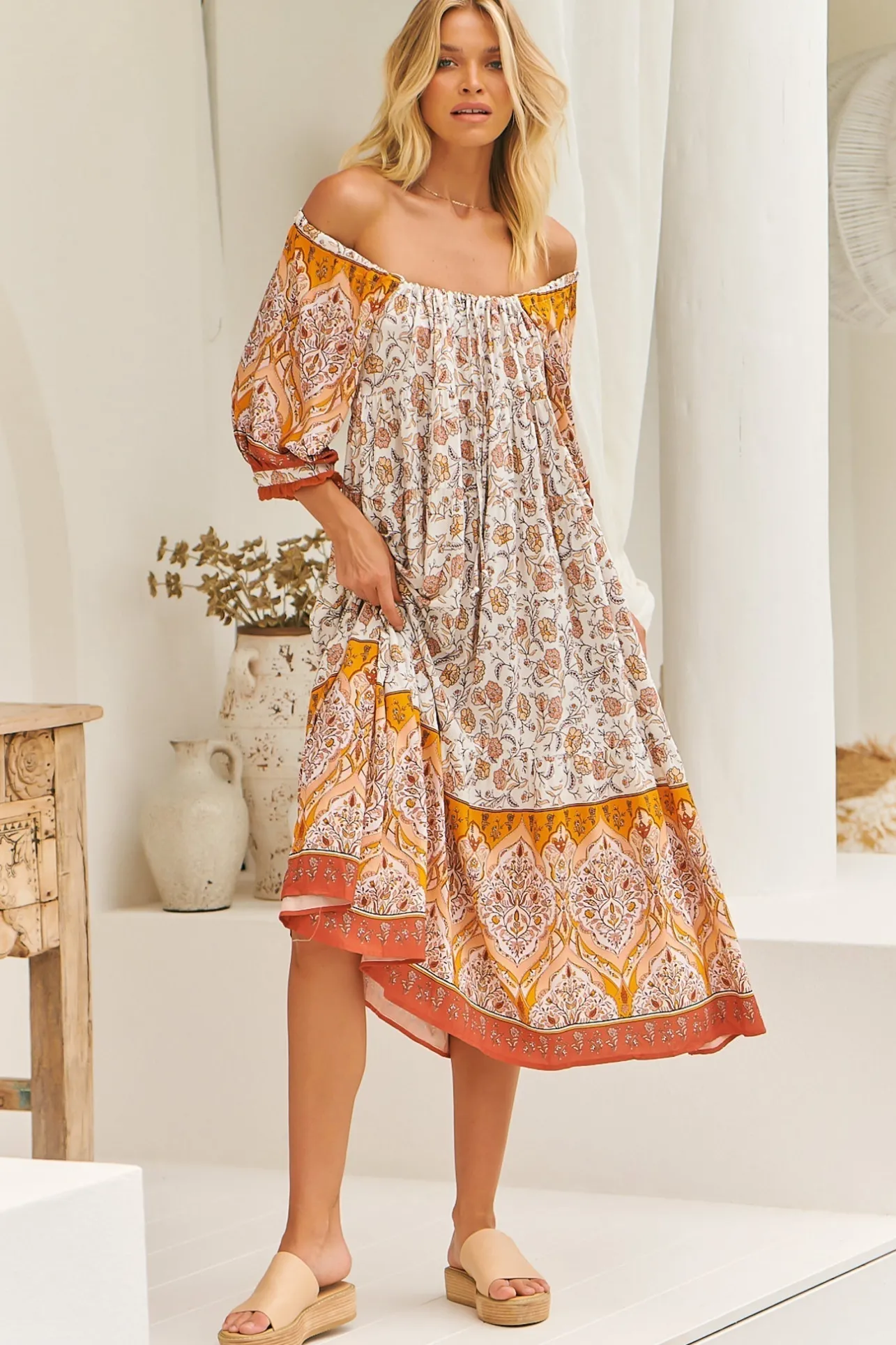 Blossom Maxi Dress - Scoop Neck On or Off Shoulder Smock Dress in Quincy Print>Jaase Outlet