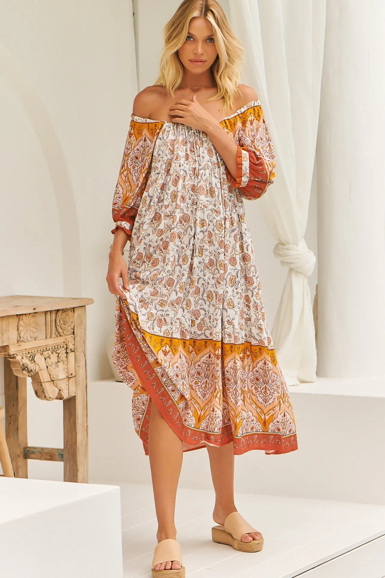 Blossom Maxi Dress - Scoop Neck On or Off Shoulder Smock Dress in Quincy Print>Jaase Outlet