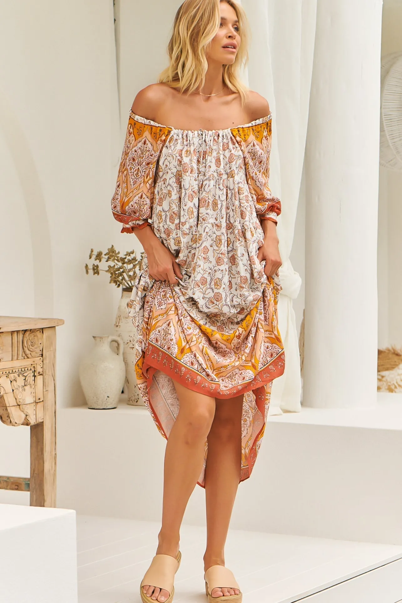 Blossom Maxi Dress - Scoop Neck On or Off Shoulder Smock Dress in Quincy Print>Jaase Outlet