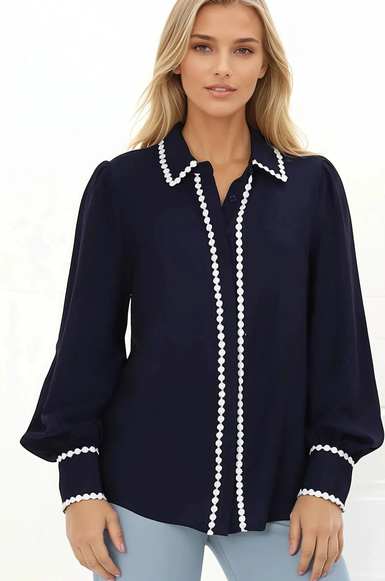 Bobbi Blouse - Contrast Scalloped Trim Button Down Shirt in Navy>Salty Crush Sale