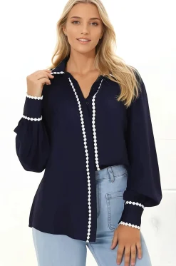 Bobbi Blouse - Contrast Scalloped Trim Button Down Shirt in Navy>Salty Crush Sale