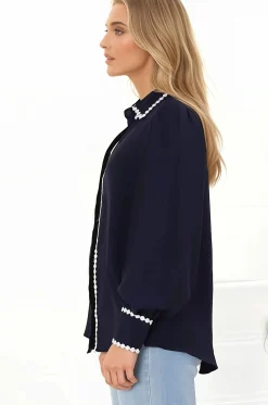 Bobbi Blouse - Contrast Scalloped Trim Button Down Shirt in Navy><noscript><img width=