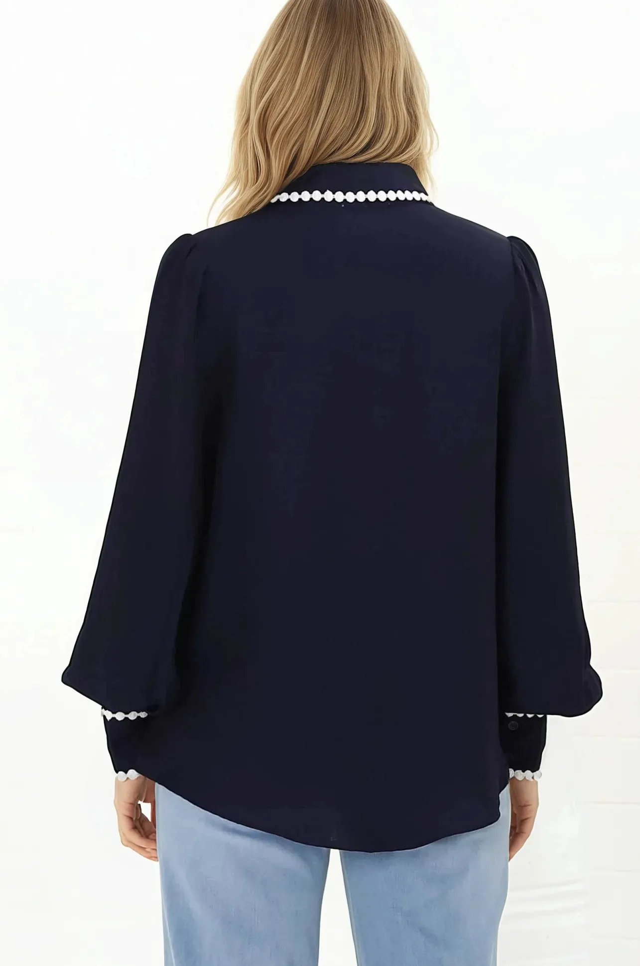 Bobbi Blouse - Contrast Scalloped Trim Button Down Shirt in Navy>Salty Crush Sale