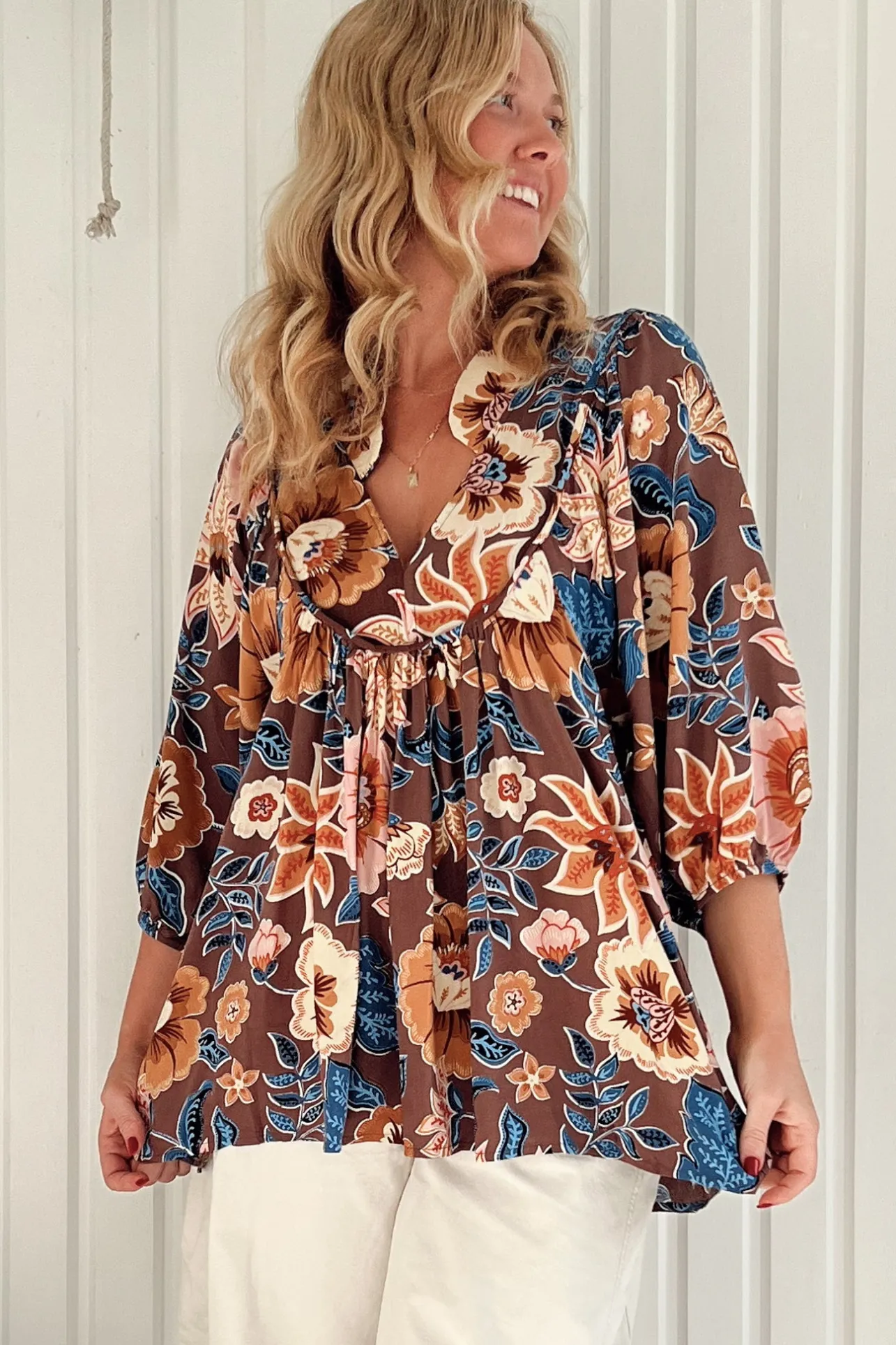 Boheme Blouse - Thick Collar Smock Blouse in Tierra Print>Jaase