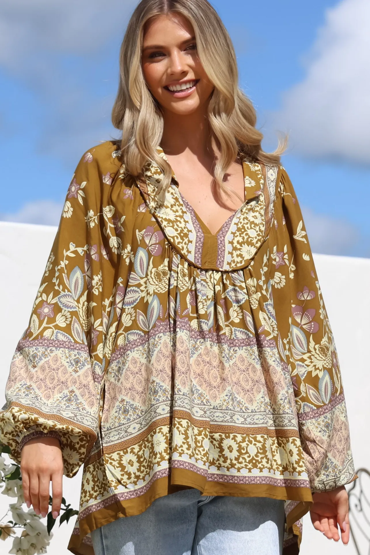 Boheme Blouse - Thick Collar Smock Blouse with Long Sleeves in Emre Print>Jaase Best