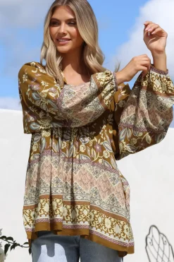 Boheme Blouse - Thick Collar Smock Blouse with Long Sleeves in Emre Print><noscript><img width=
