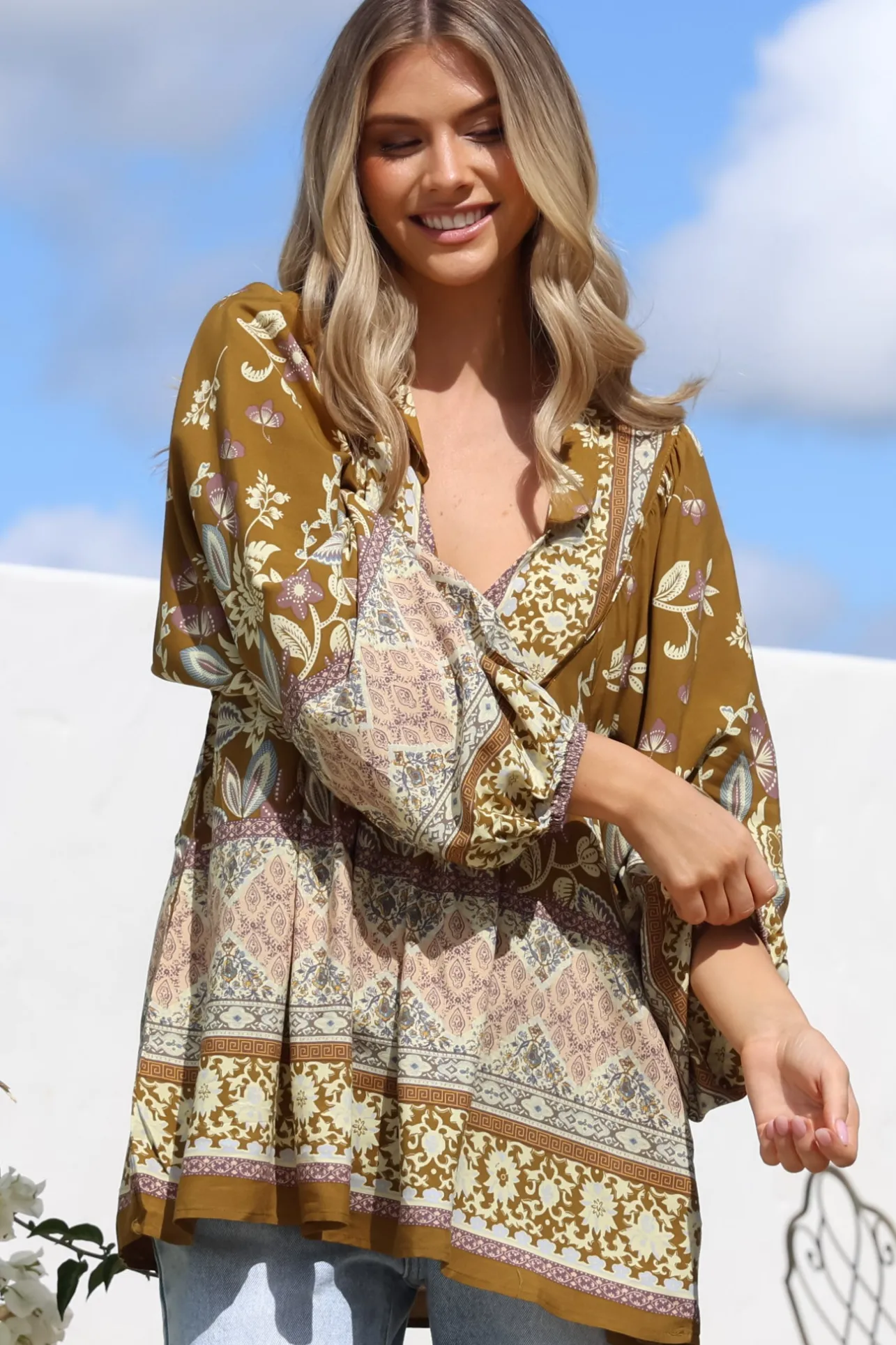 Boheme Blouse - Thick Collar Smock Blouse with Long Sleeves in Emre Print>Jaase Best