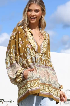 Boheme Blouse - Thick Collar Smock Blouse with Long Sleeves in Emre Print><noscript><img width=