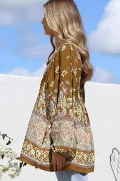 Boheme Blouse - Thick Collar Smock Blouse with Long Sleeves in Emre Print><noscript><img width=