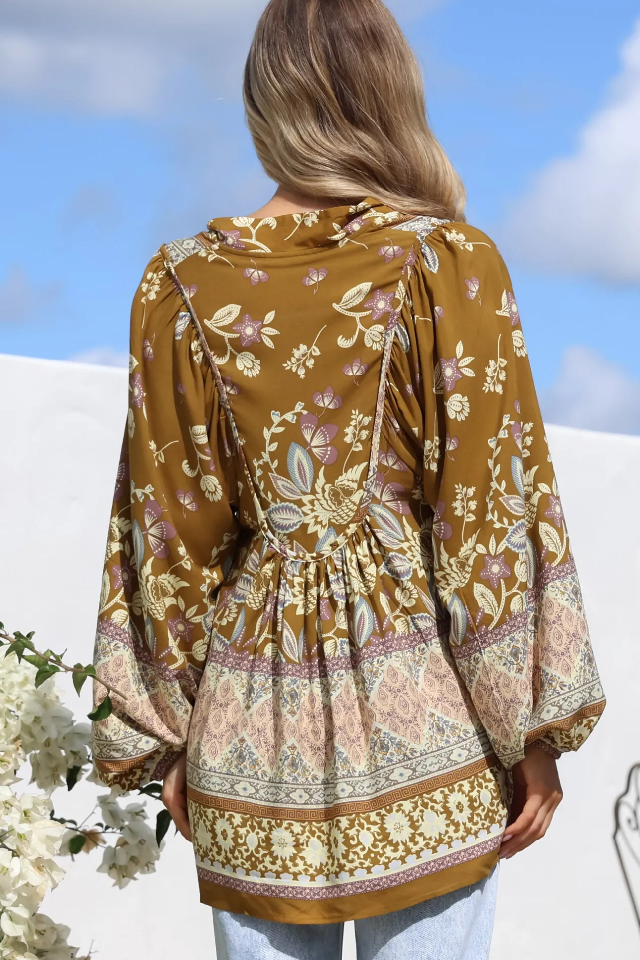 Boheme Blouse - Thick Collar Smock Blouse with Long Sleeves in Emre Print>Jaase Best