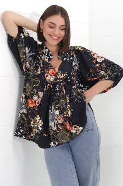 Boheme Blouse - Thick Collar Smock Blouse in Indigo Print><noscript><img width=