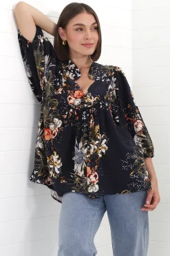 Boheme Blouse - Thick Collar Smock Blouse in Indigo Print><noscript><img width=