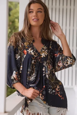 Boheme Blouse - Thick Collar Smock Blouse in Indigo Print><noscript><img width=