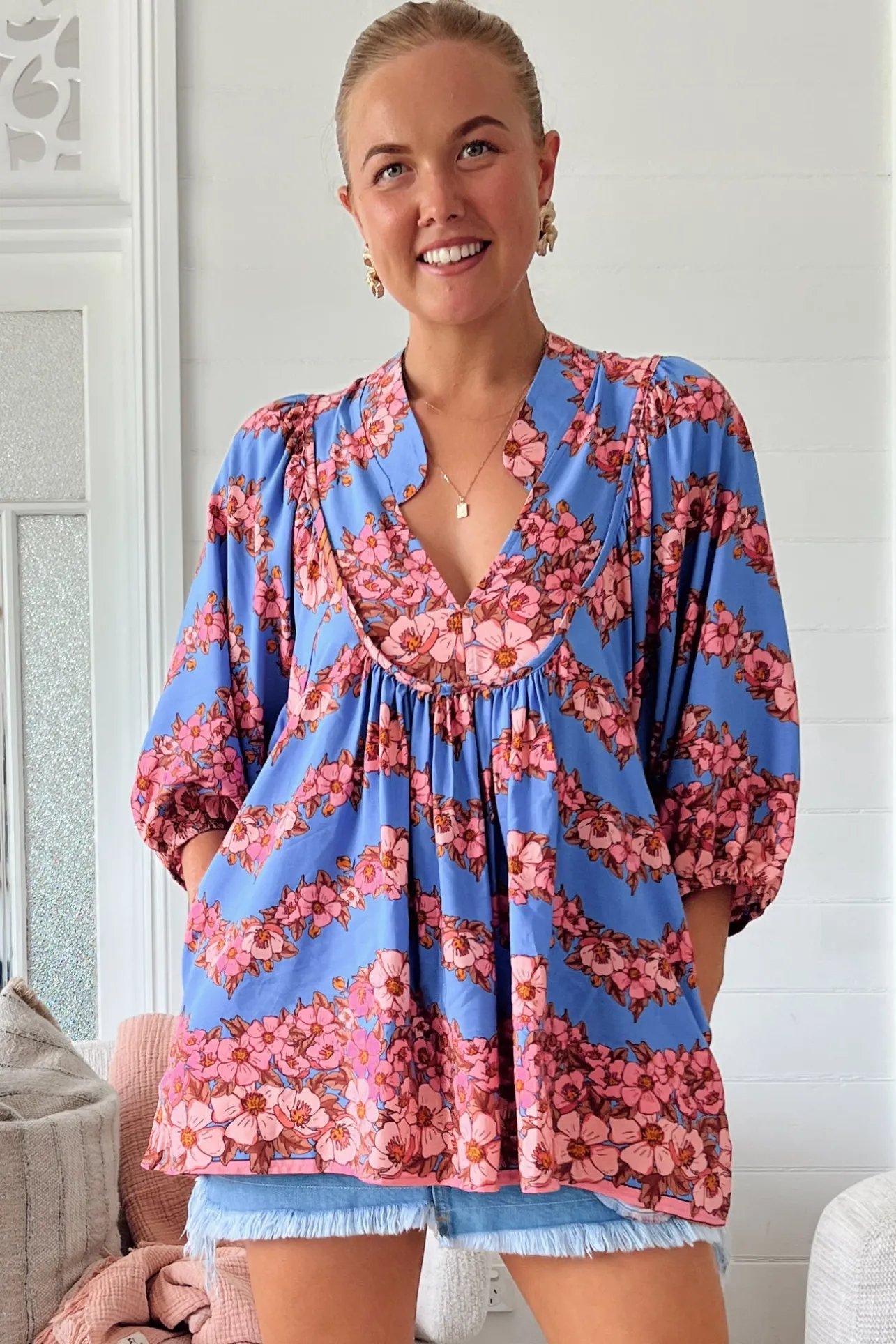 Boheme Blouse - Thick Collar Smock Blouse in Little Flowers Print>Jaase Online