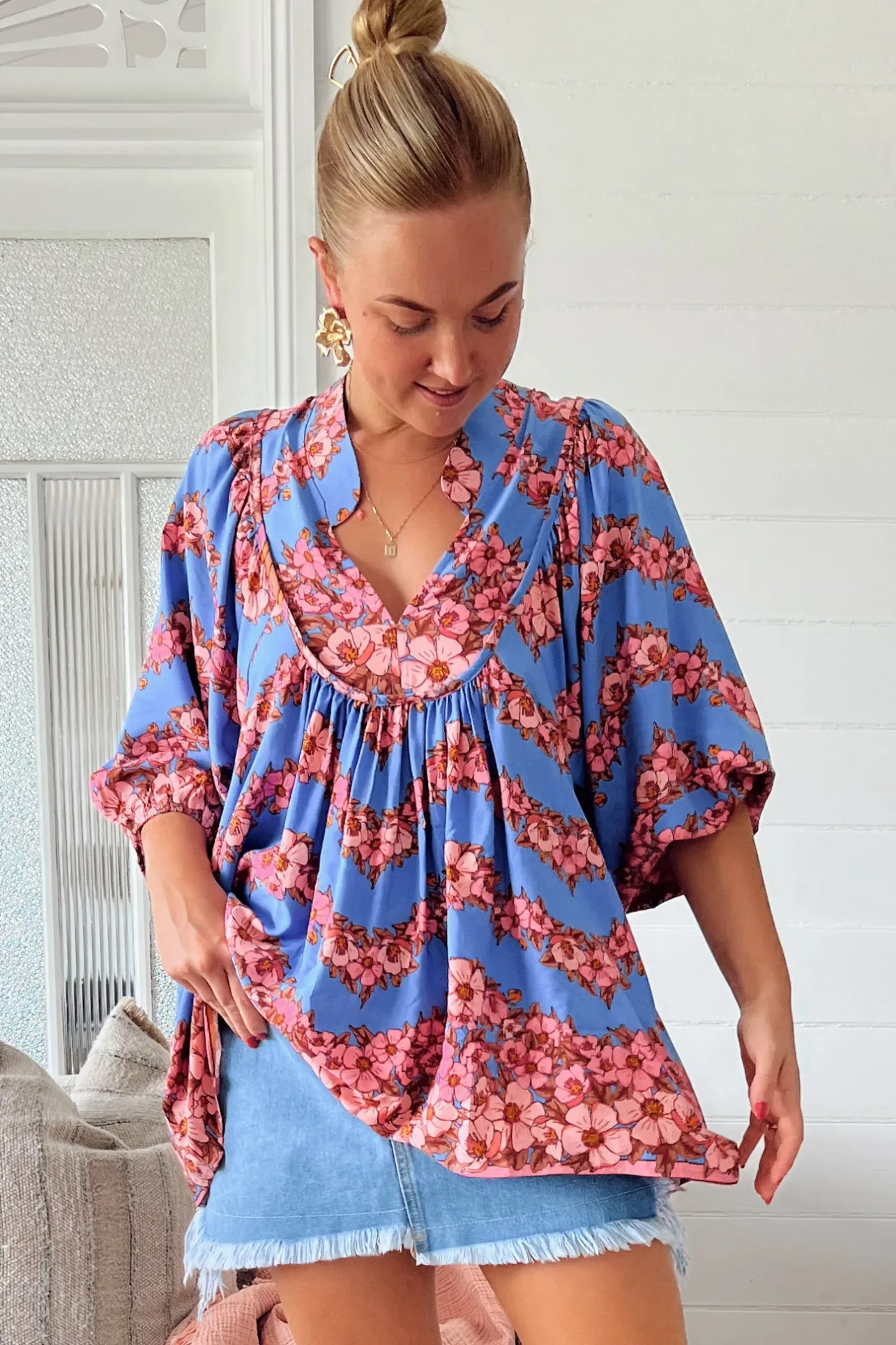 Boheme Blouse - Thick Collar Smock Blouse in Little Flowers Print>Jaase Online