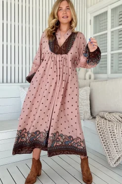 Boheme Midi Dress - Long Sleeve Piping Defined Bust Slimline Smock Dress in Seraphina Print>Jaase Clearance