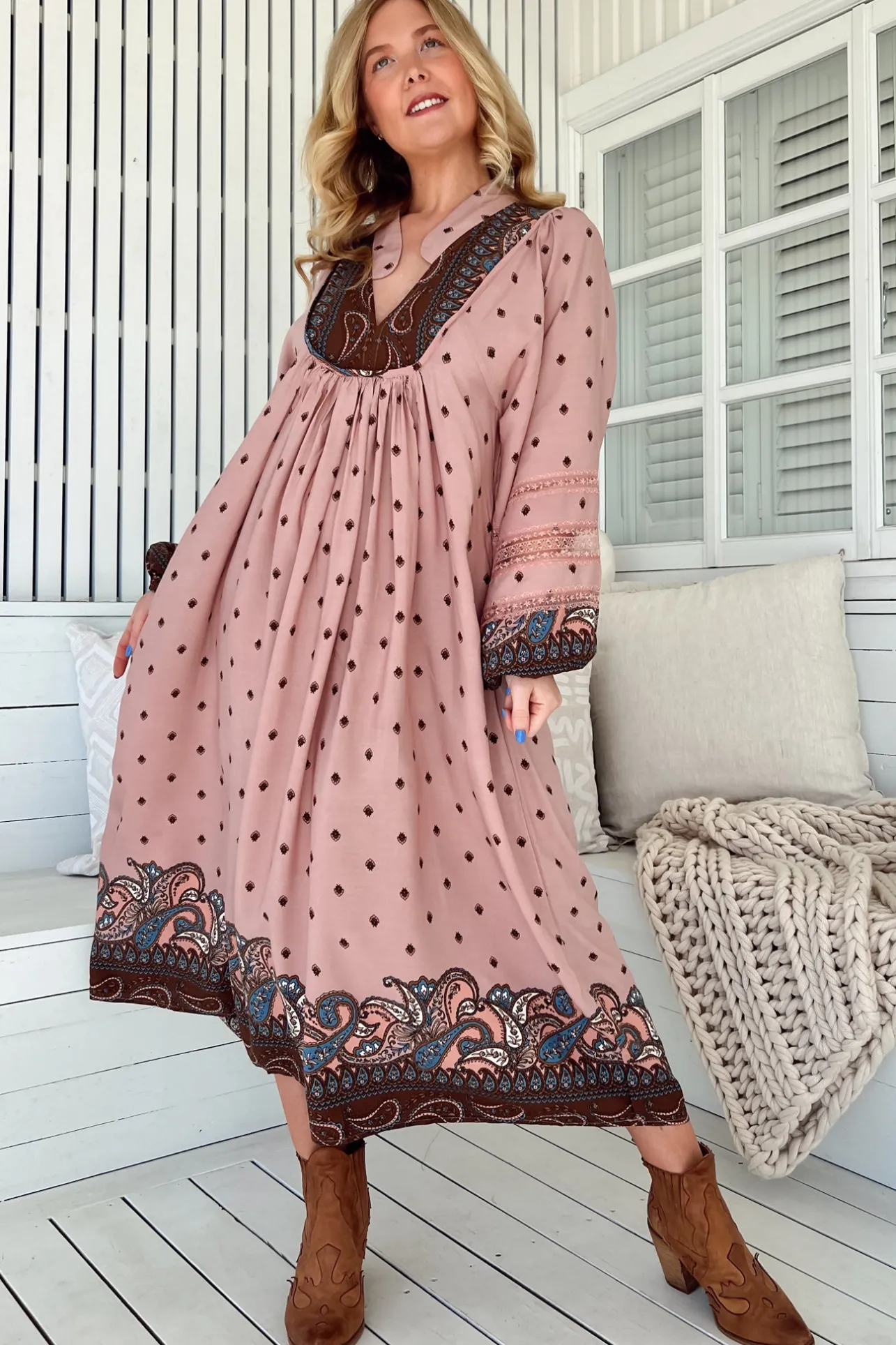 Boheme Midi Dress - Long Sleeve Piping Defined Bust Slimline Smock Dress in Seraphina Print>Jaase Clearance