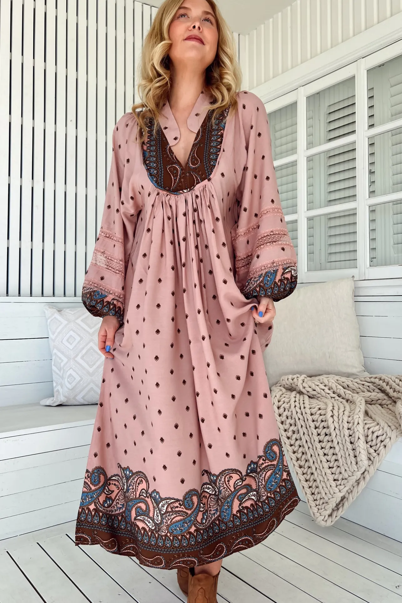 Boheme Midi Dress - Long Sleeve Piping Defined Bust Slimline Smock Dress in Seraphina Print>Jaase Clearance