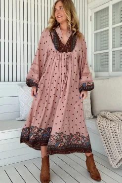 Boheme Midi Dress - Long Sleeve Piping Defined Bust Slimline Smock Dress in Seraphina Print><noscript><img width=