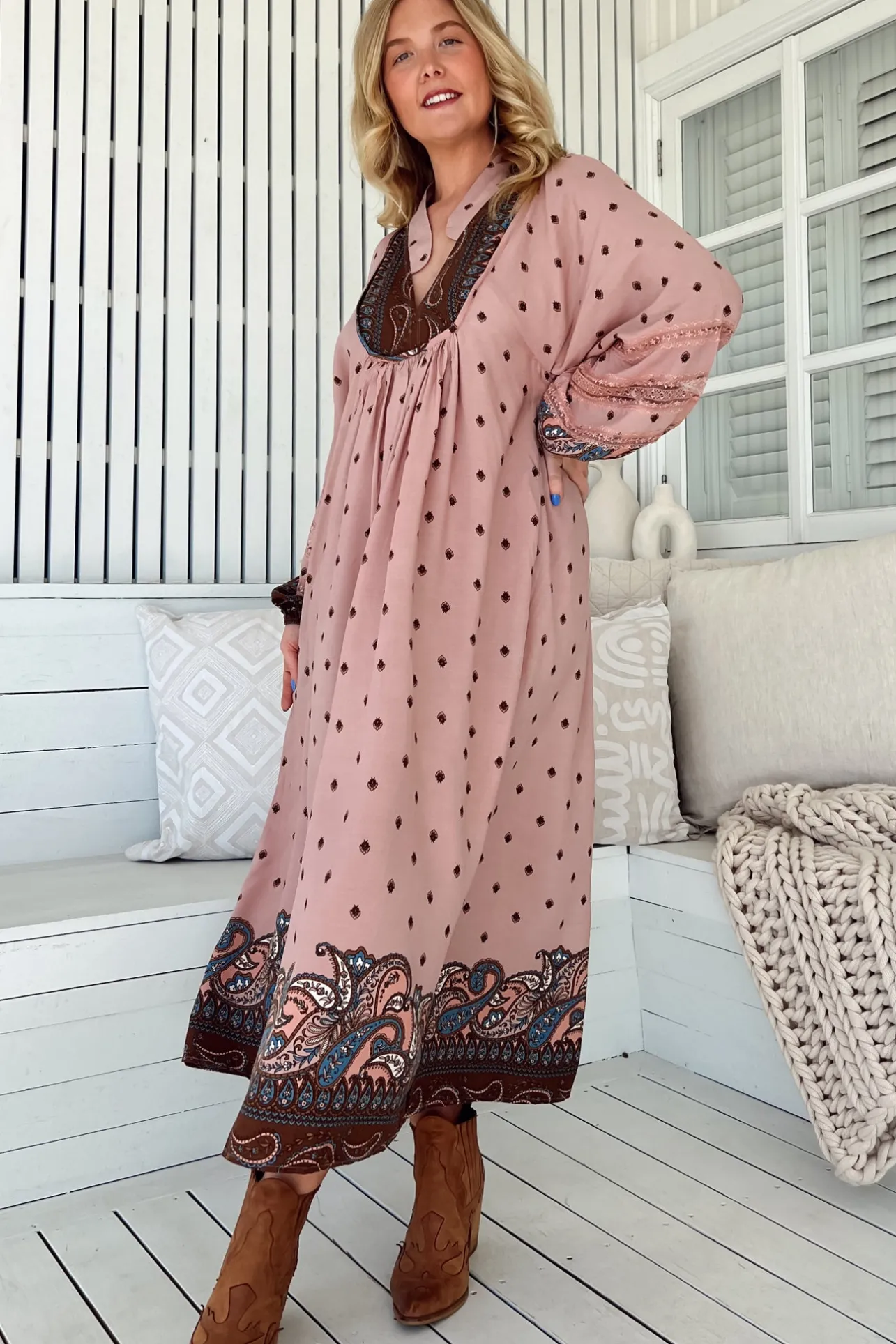 Boheme Midi Dress - Long Sleeve Piping Defined Bust Slimline Smock Dress in Seraphina Print>Jaase Clearance