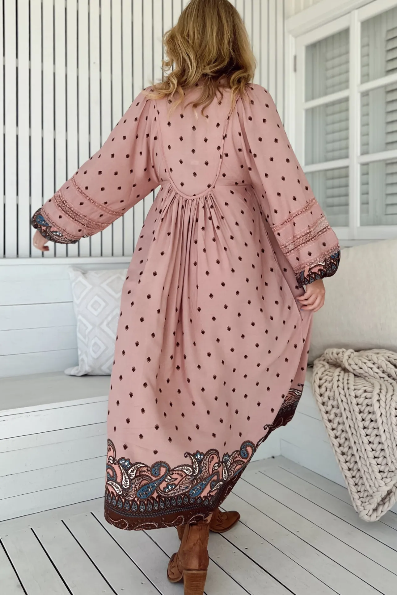 Boheme Midi Dress - Long Sleeve Piping Defined Bust Slimline Smock Dress in Seraphina Print>Jaase Clearance