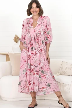 Boheme Midi Dress - Piping Defined Bust Slimline Smock Dress In Pink Lotus>Jaase Outlet