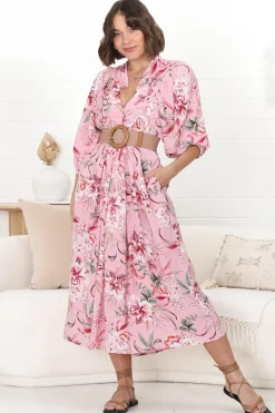 Boheme Midi Dress - Piping Defined Bust Slimline Smock Dress In Pink Lotus>Jaase Outlet