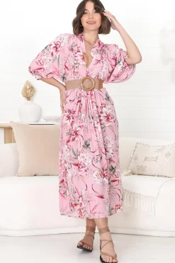 Boheme Midi Dress - Piping Defined Bust Slimline Smock Dress In Pink Lotus><noscript><img width=